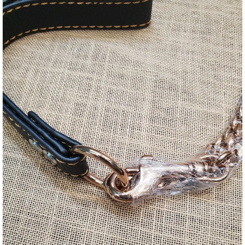 Rose Gold Tone Stainless Steel Dog Leash 5' EZ Hook Leather Handle Storage Pouch